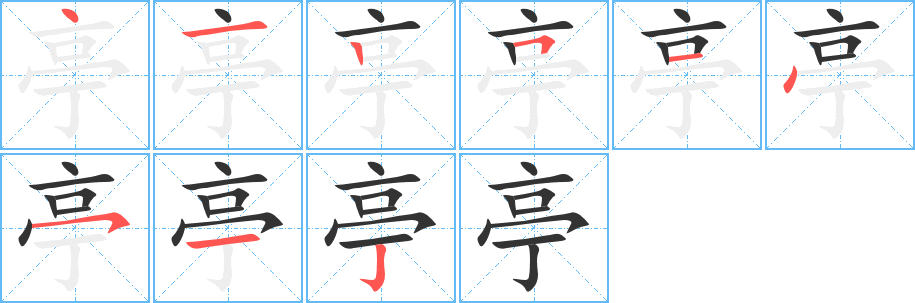 亭字的笔顺笔画分步演示