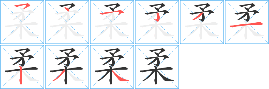 柔字的笔顺笔画分步演示